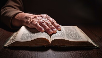 Naklejka premium A wrinkled hand resting lightly on an open Bible