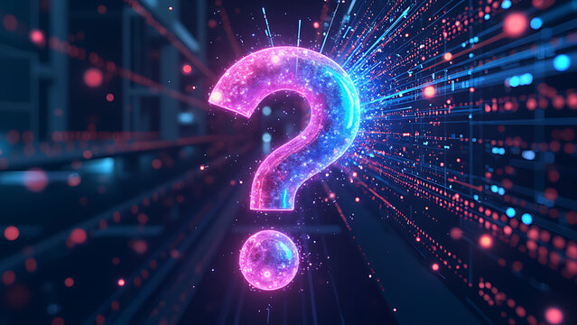 A vibrant, glowing question mark against a backdrop of a futuristic data center, symbolizing data solutions, cybersecurity, and the search for answers in technology.