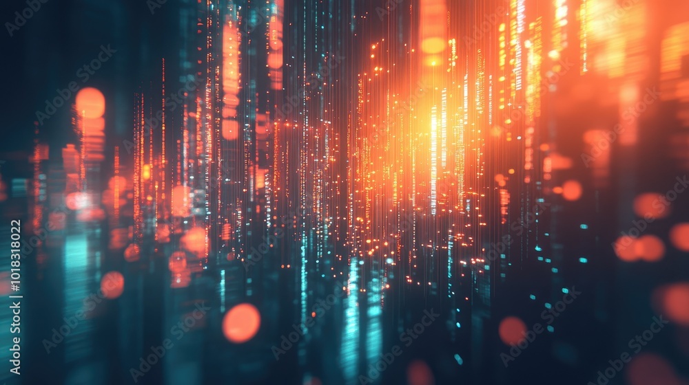 Poster a digital interface with bright lights and moving bars, symbolizing information flow and data exchan