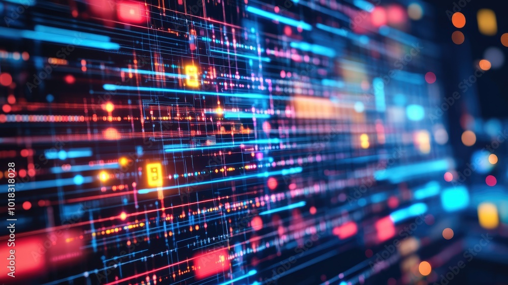 Poster a digital interface with bright lights and moving bars, symbolizing information flow and data exchan