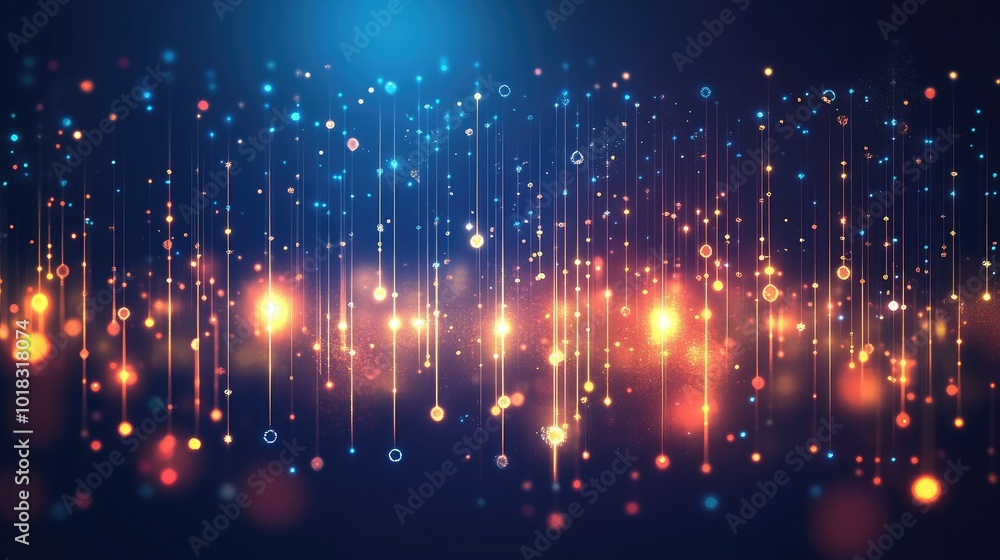 Poster a digital interface with bright lights and moving bars, symbolizing information flow and data exchan