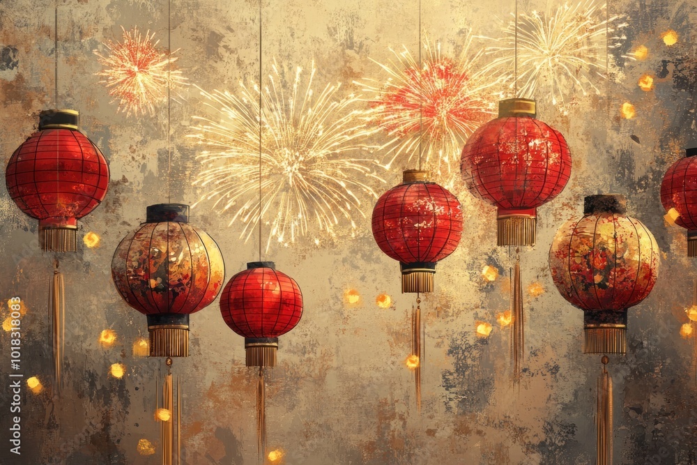Poster red chinese lanterns hang against a textured background with sparkling fireworks in the distance.