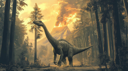 friendly dinosaur walking through a prehistoric jungle with tall trees and a volcano in the background.