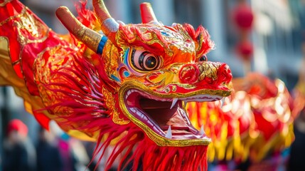 Fototapeta premium Close-up of a Red and Gold Dragon Costume Head