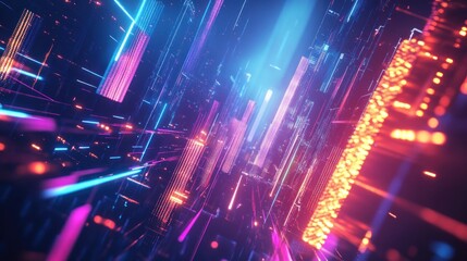 Futuristic abstract illustration of neon cubes and geometric structures on a dark background
