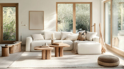 A cozy living room featuring modern white sofa, wooden coffee tables, and natural light streaming through large windows. serene atmosphere invites relaxation and comfort