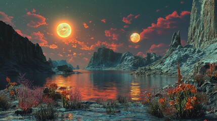 A surreal landscape with two moons, a lake, and mountains under a vibrant sunset.