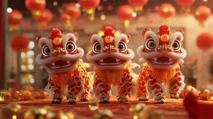 Fototapeta premium Three Red and Gold Chinese Lion Dance Costumes