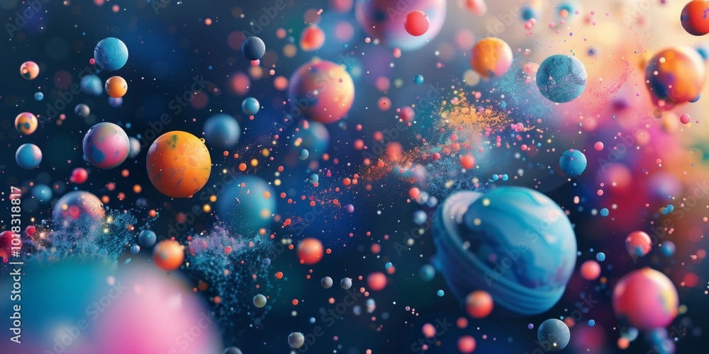 Aufkleber abstract background with spherical elements and paint splashes, bright abstract forms, dynamic movem