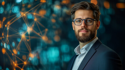 Fototapeta premium confident man in suit with glasses stands against blurred background of digital connections, exuding professionalism and intelligence