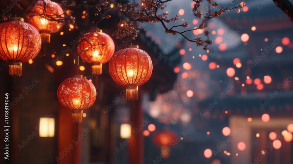 Poster red lanterns hanging from tree branches in a festive setting