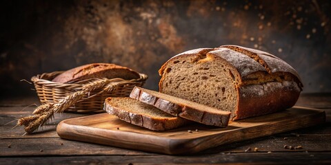 Freshly baked rye bread slices on dark rustic background