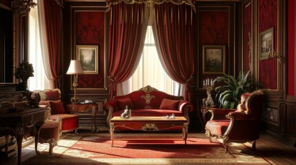 Luxurious Red and Gold Living Room with Ornate Furniture