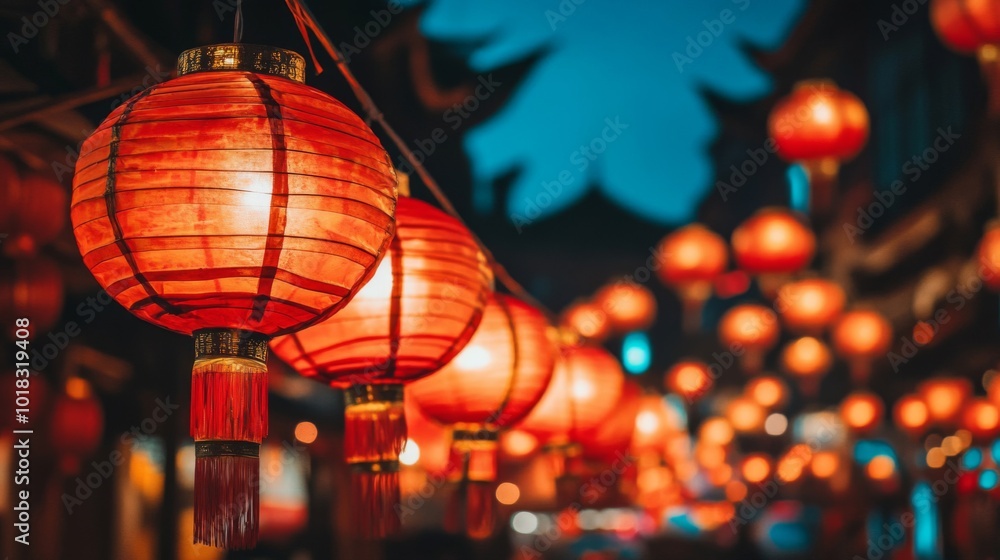Poster illuminated red lanterns hanging in a string against a blue twilight sky