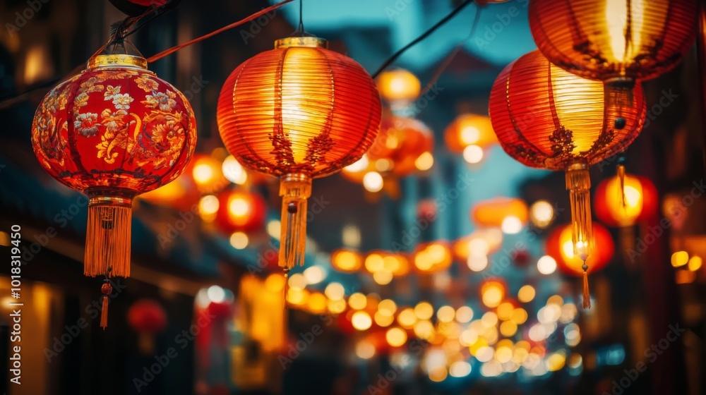 Poster red lanterns with intricate designs hanging in a row