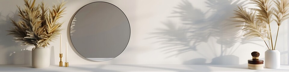 Minimal shelf with circular mirror, pampas grass, white wall, beige Scandinavian design