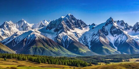 Obraz premium Mountain range with snowy peaks, clear sky, and wide angle shot