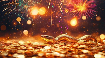 Naklejka premium Golden Snake Resting on a Pile of Gold Coins with Fireworks in the Background
