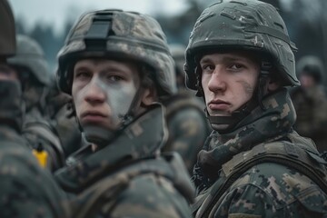 Naklejka premium portrait of a male soldier in military uniform with a helmet against the background other soldiers standing in the background