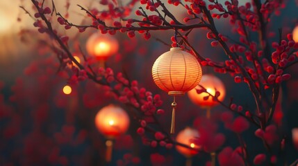 A Red Lantern Hanging on a Branch with Red Berries