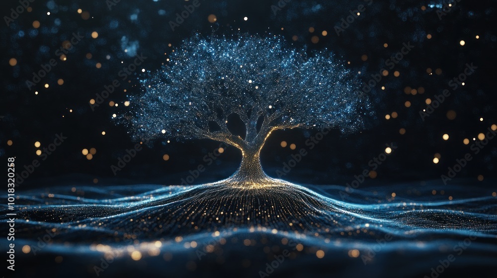 Poster digital tree of glowing data points, symbolizing technology and growth, ai generated image