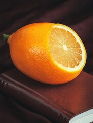 A fresh orange displayed with a sliced section revealing juicy interior, resting on a brown book,...