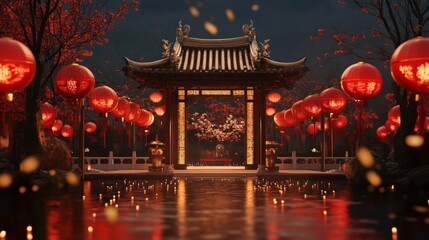 Fototapeta premium Traditional Chinese Temple Gate with Red Lanterns and Reflecting Pond