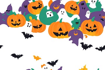 Halloween themed background with pumpkins, ghosts and jack o lanterns, white space in the center for text