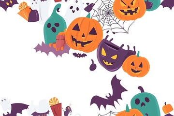 Halloween themed background with pumpkins, ghosts and jack o lanterns, white space in the center for text
