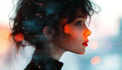 Fototapeta premium Double exposure of digital identity, smart home technology, and a woman's portrait silhouette with a cloud network connection in the background