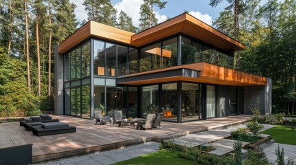 Fototapeta premium A stylish modern home with a wooden exterior and expansive glass windows.