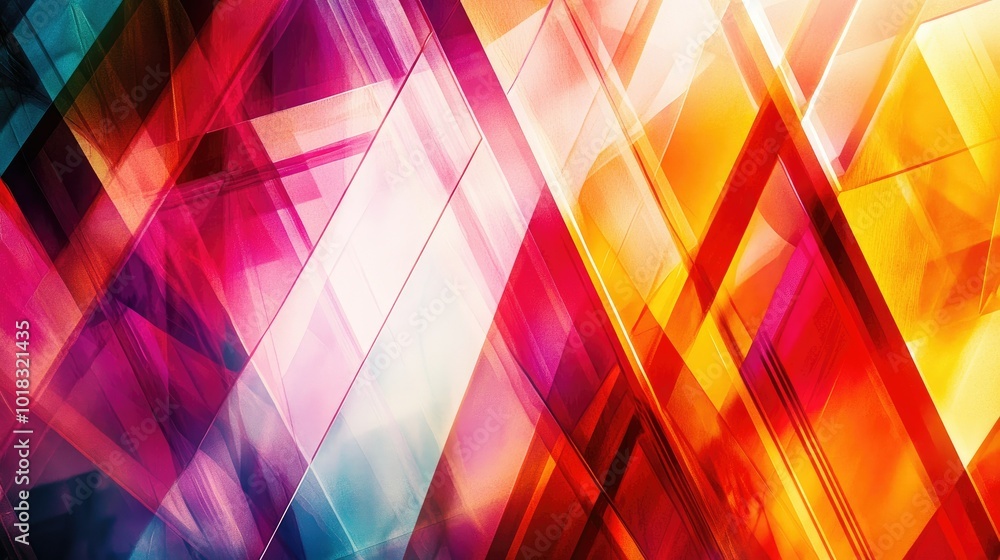 Poster a vibrant background with overlapping geometric shapes and angular reflections, creating a modern ab
