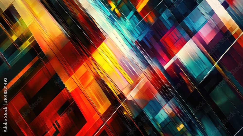 Poster a vibrant background with overlapping geometric shapes and angular reflections, creating a modern ab