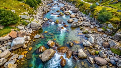 Mountain stream and rocks seen from high angle