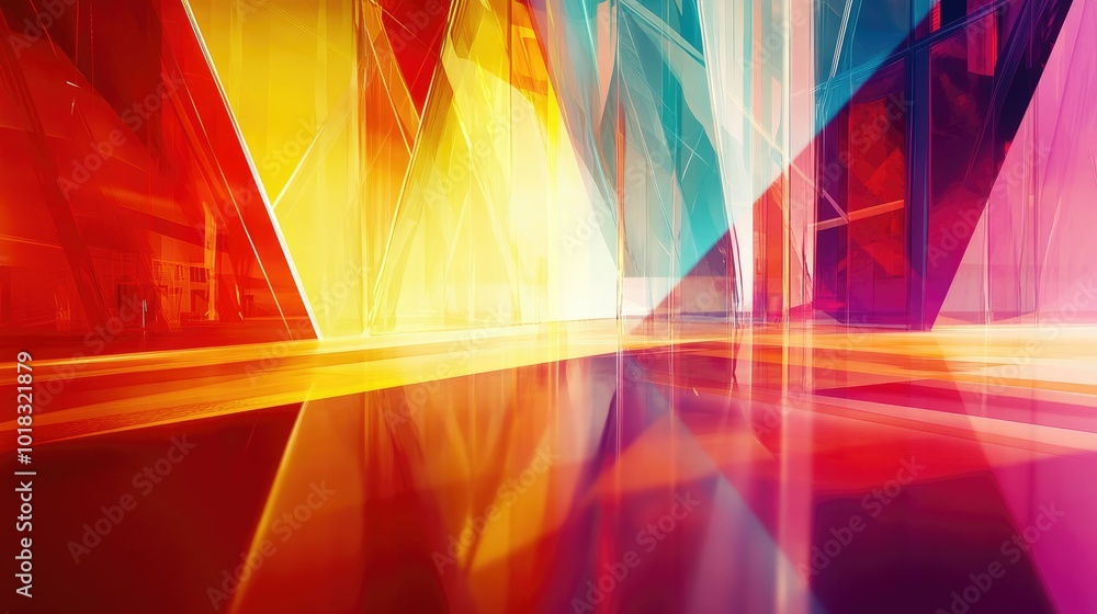 Poster a vivid background with colorful geometric shapes and sharp angles, highlighted by reflections.