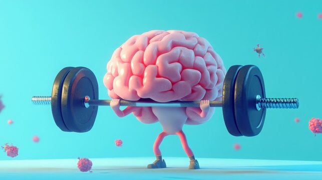 A whimsical illustration of a brain lifting weights, symbolizing mental strength and fitness in a vibrant, colorful environment.