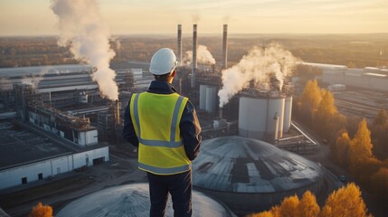 A worker in safety gear overlooks an industrial site with smoke stacks at sunrise, showcasing a blend of nature and industry.