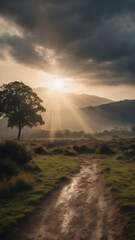 A cloudy day with the sun breaking through the clouds in a few places, creating bright sunbeams that illuminate patches of the ground