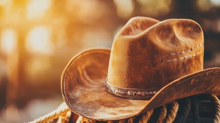 A rural scene with a close-up of a cowboy hat and rope, against a rustic blurred background