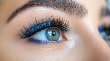 Obraz premium A woman eyes in focus as blue ombre eyelash extensions are meticulously applied.