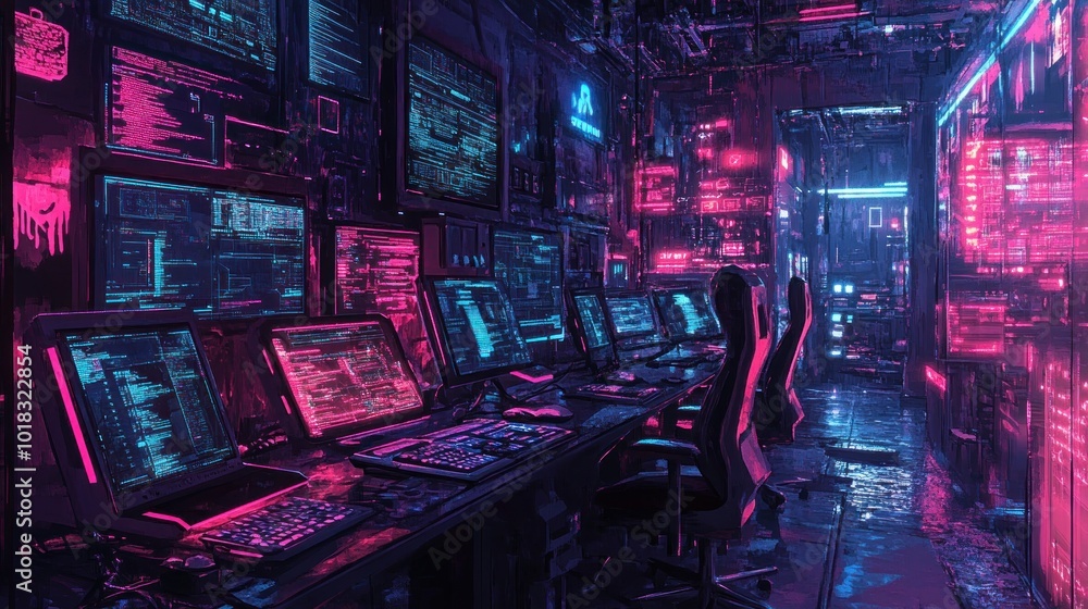 Aufkleber a futuristic cyberpunk hacking server room with glowing monitors and neon lights, showing a row of c