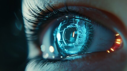 This close-up image showcases a futuristic eye with digital elements, suggesting advanced technology and innovation.