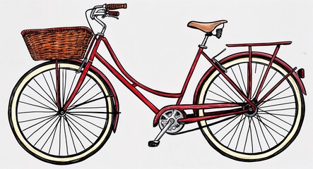 Hand drawing clipart of a bicycle with basket on plain white background