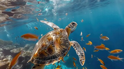 Obraz premium Sea Turtle Swimming with Fish