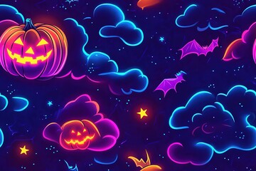 Neon-glowing, cartoon-style Halloween pumpkin, bat, clouds, and stars pattern background