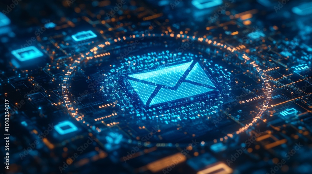 Poster a digital representation of an envelope surrounded by glowing data elements, symbolizing email commu