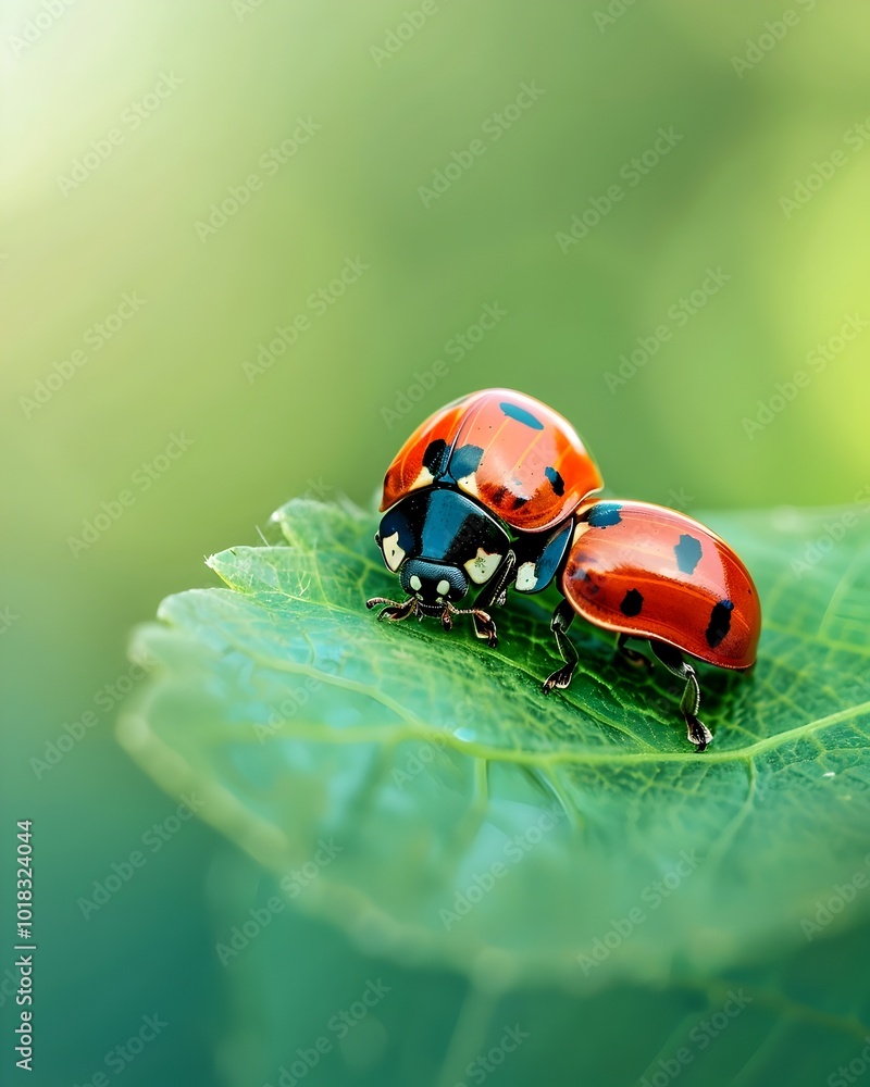Poster pair of ladybugs crawling on green leaf symbolizing connection and interaction in insect world