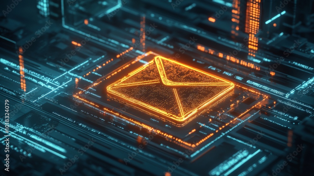 Poster a glowing envelope icon is displayed on a circuit board background, symbolizing digital communicatio