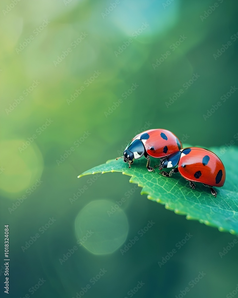 Poster two ladybugs crawling on a green leaf symbolizing connection and interaction in nature