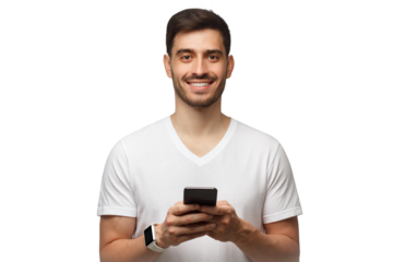 Close-up portrait of young happy smiling man, holding phone in both hands, looking at camera